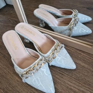 Light Blue Pointed Chain-Trim Mules
